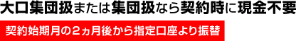 大口集団扱または集団扱なら契約時に現金不要（契約始期月の２ヵ月後から指定口座より振替）