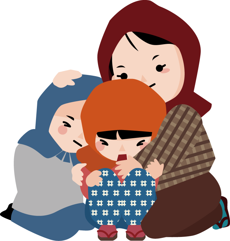 母に寄り添う子供達