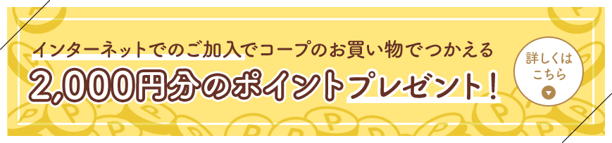 インターネットでのご加入でコープのお買い物でつかえる2,000円分のポイントプレゼント！詳しくはこちら