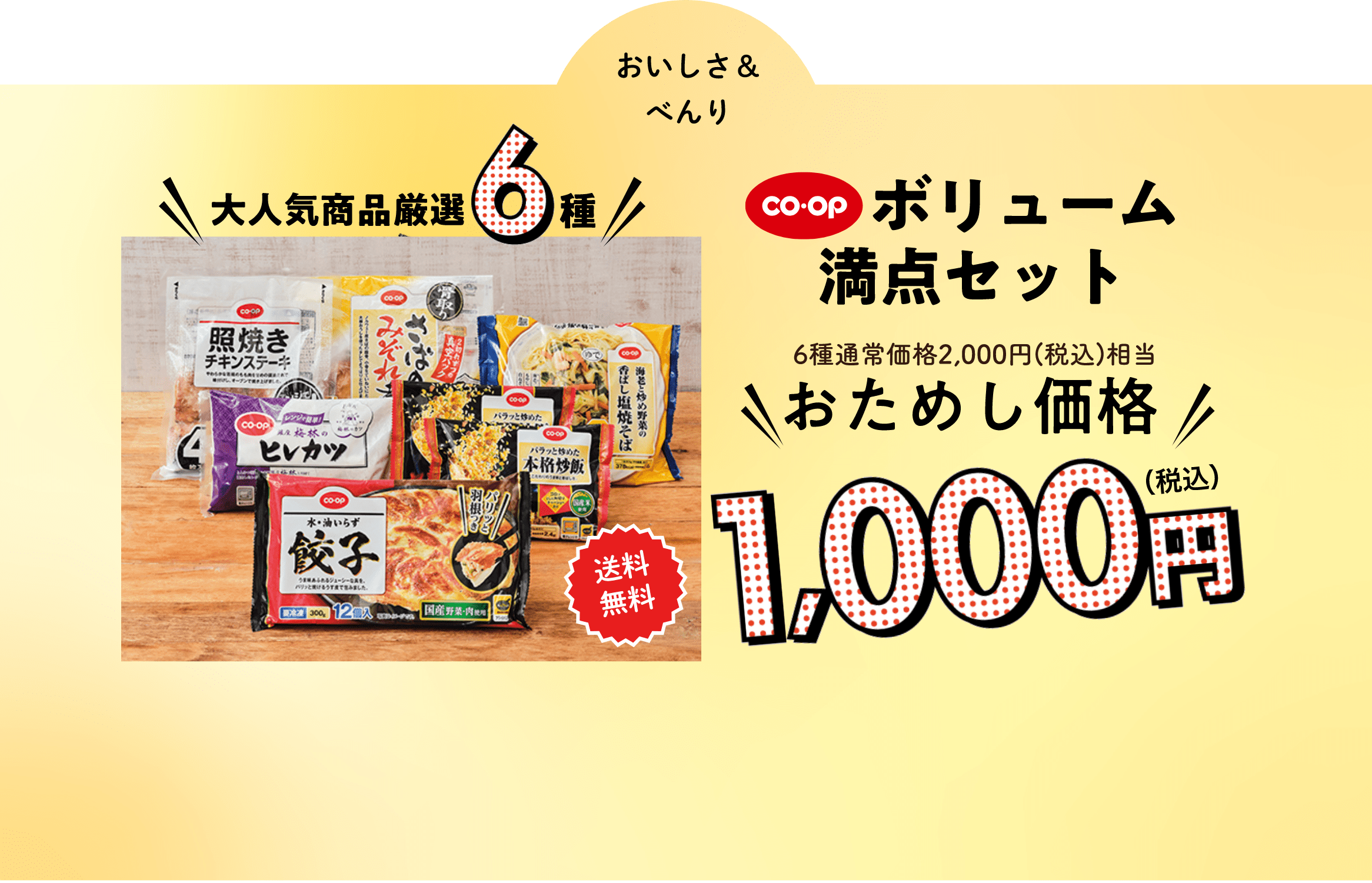 コープ ボリューム 満点セット6種通常価格2,000円(税込) 相当おためし価格 1000円 （税込） 大人気商品厳選6種 送料 無料