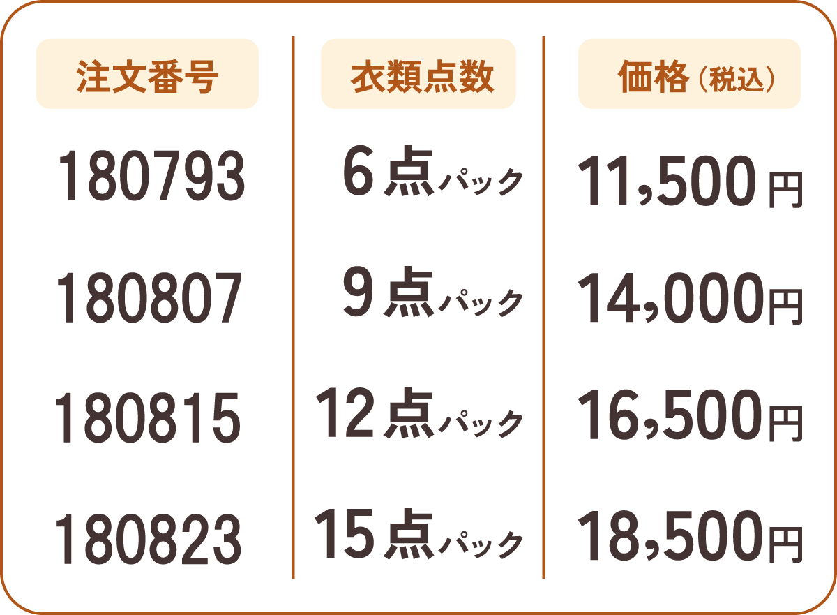 注文番号：157520／6点パック／10,900円（税込）、注文番号：157538／9点パック／13,400円（税込）、注文番号：157546／12点パック／15,600円（税込）、注文番号：157554／15点パック／17,600円（税込）
