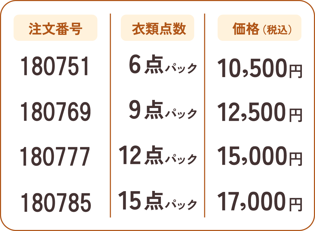 注文番号：157481／6点パック／9,900円（税込）、注文番号：157490／9点パック／12,000円（税込）、注文番号：157503／12点パック／14,200円（税込）、注文番号：157511／15点パック／16,200円（税込）