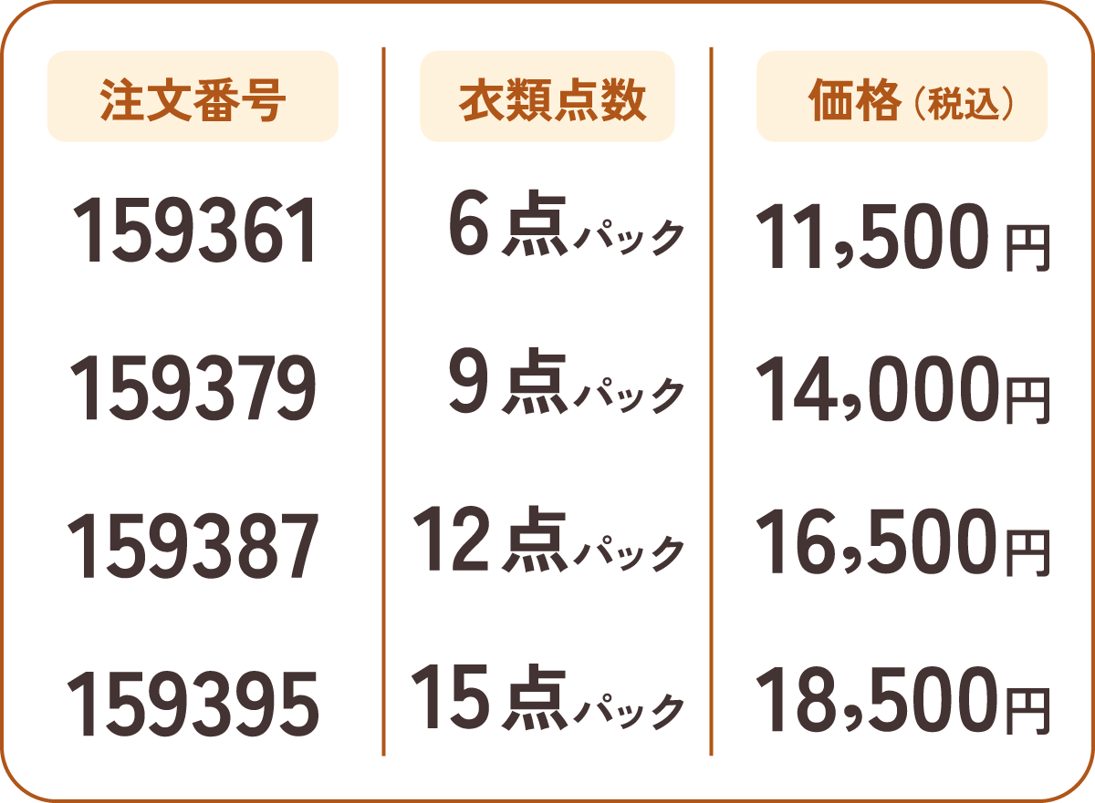 注文番号:157520/6点パック/10,900円(税込)、注文番号:157538/9点パック/13,400円(税込)、注文番号:157546/12点パック/15,600円(税込)、注文番号:157554/15点パック/17,600円(税込)